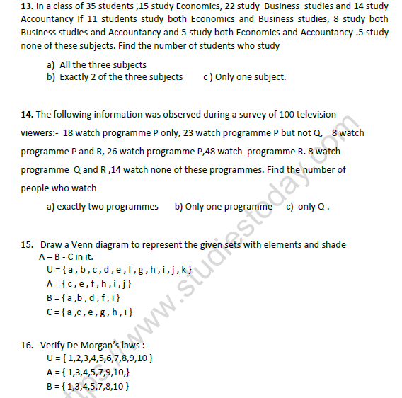 CBSE Class 11 Mathematics Sets Worksheet Set A